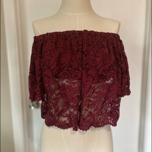 🛍️🛍️🛍️ Forever 21 Woven Top/Off Shoulder, Lace, Burgundy,sz L, NWT